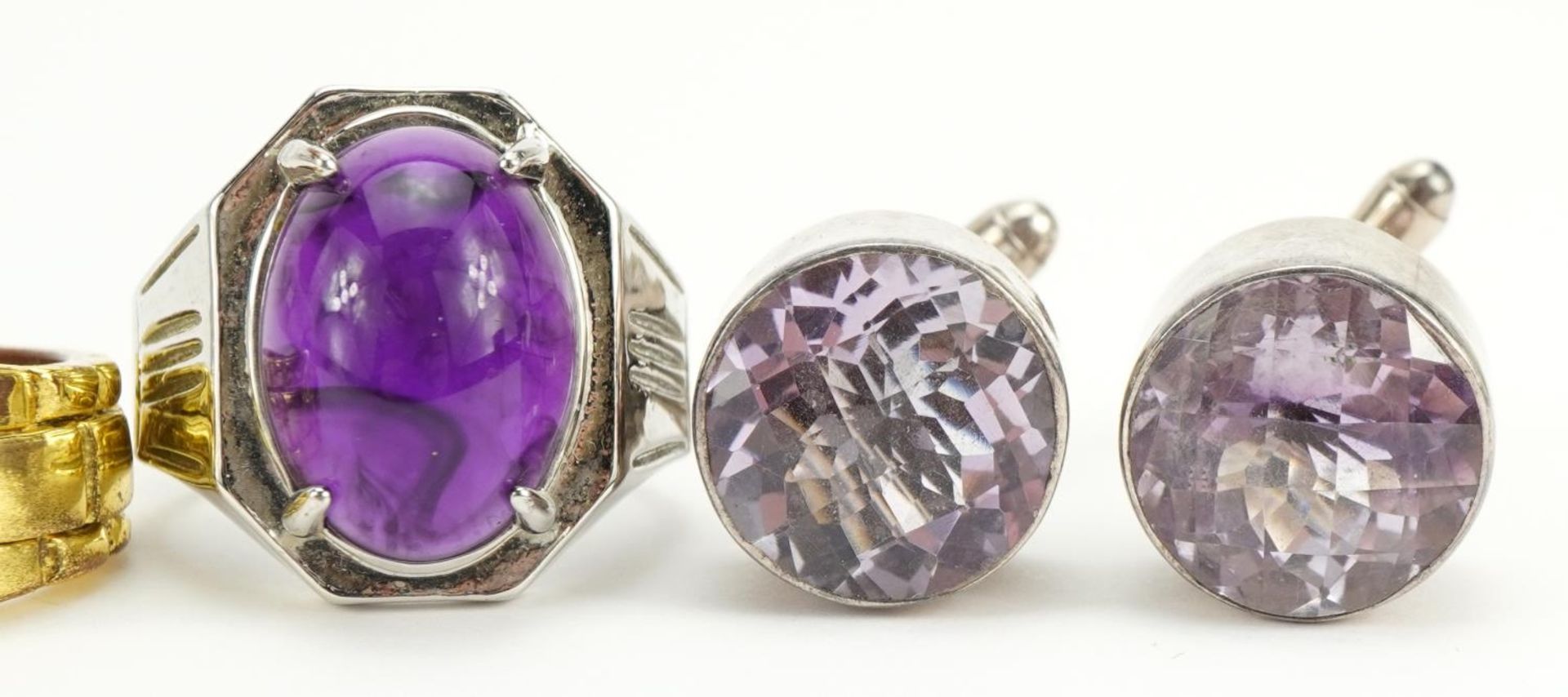 Pair of silver purple stone cufflinks and three dress rings - Bild 3 aus 5