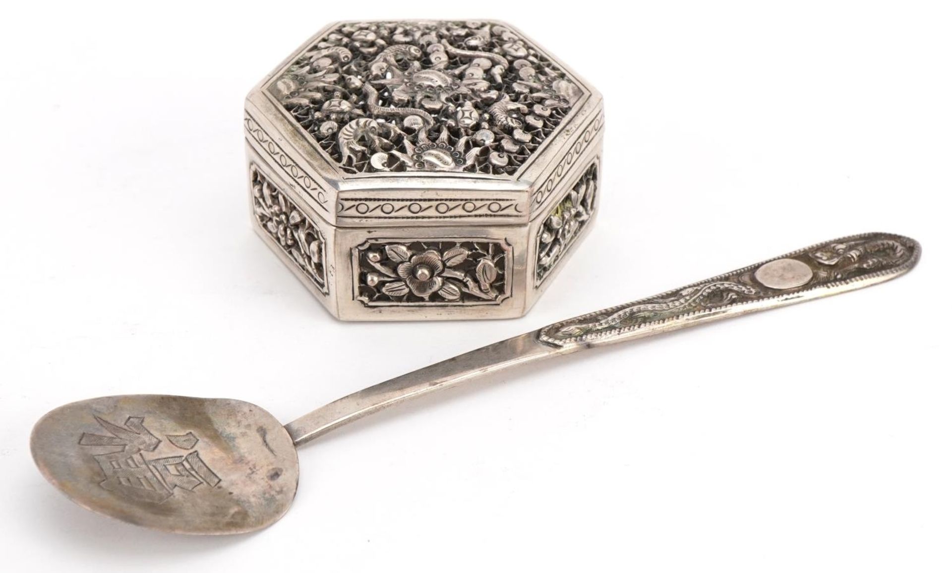 Vietnamese silver pierced box with hinged lid and Chinese spoon with dragon design handle, each wit