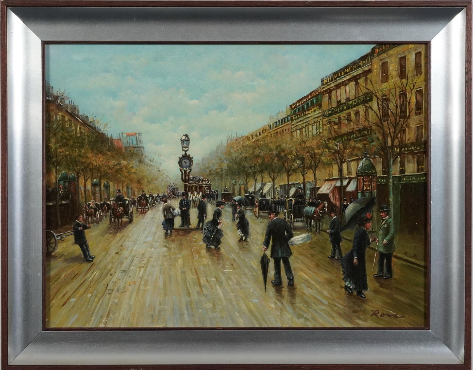 Busy street scene with figures and horse drawn carts, French school oil, framed, 39cm x 30cm - Image 2 of 6
