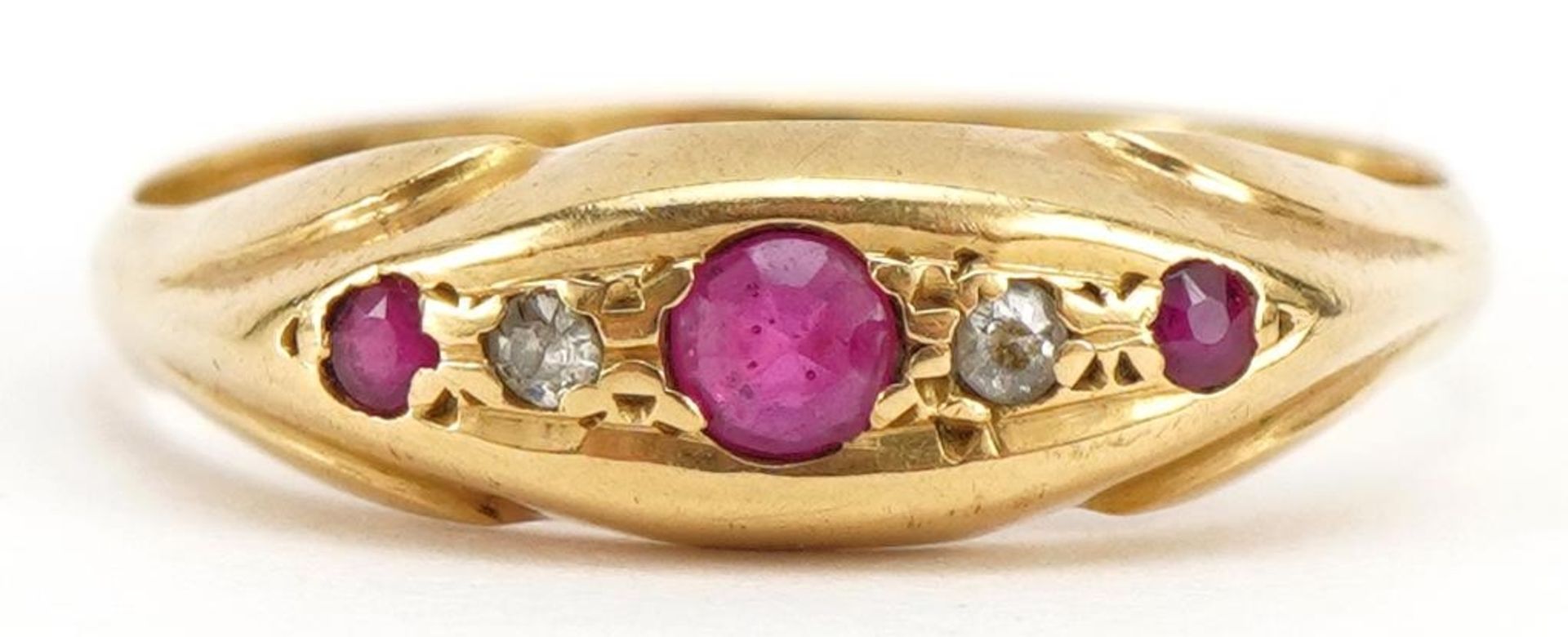 George V 18ct gold ruby and diamond boat ring, Birmingham 1918, size T, 2.8g