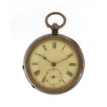 Gentlemen's silver open face pocket watch with subsidiary dial housed in a velvet and silk lined