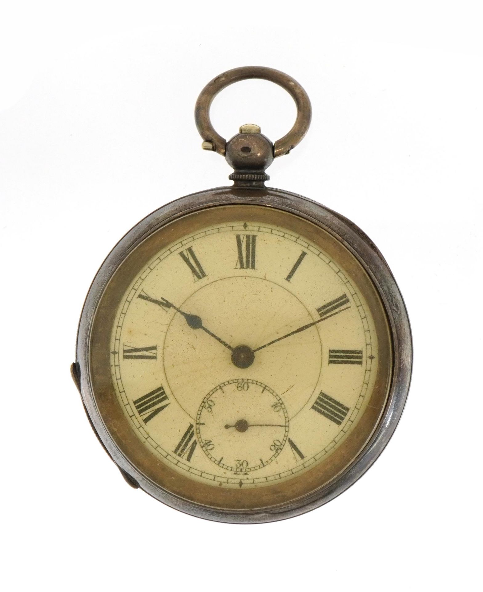 Gentlemen's silver open face pocket watch with subsidiary dial housed in a velvet and silk lined