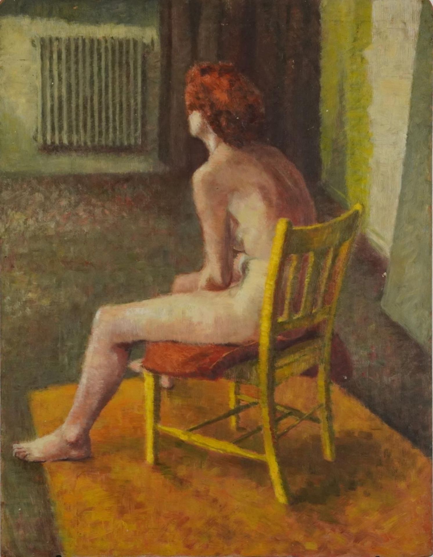 Full length portrait of a seated nude female in an interior, oil on board, unframed, 79.5cm x 61cm