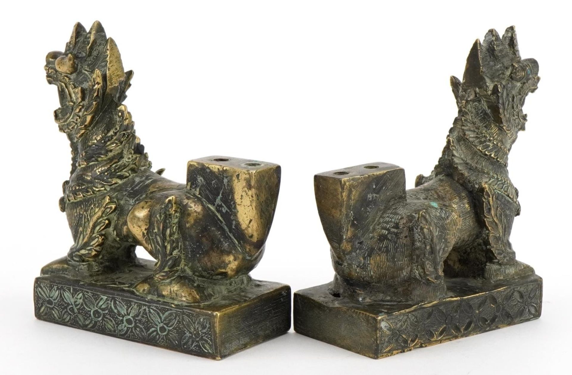 Pair of Chinese patinated bronze guardian dogs, 9.4cm in length - Image 2 of 3