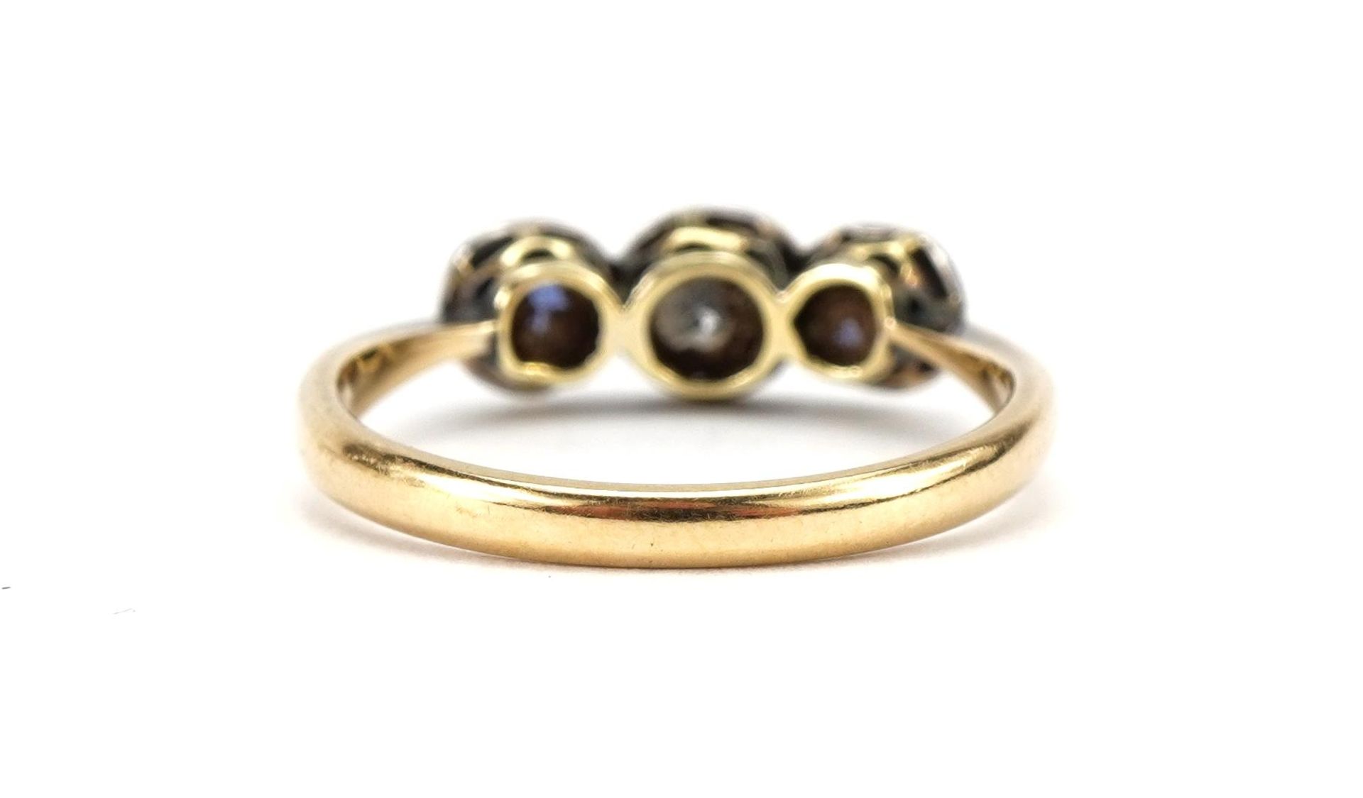 18ct gold diamond and sapphire three stone ring, the diamond approximately 4.3mm x 4.7mm, size M, - Image 2 of 3