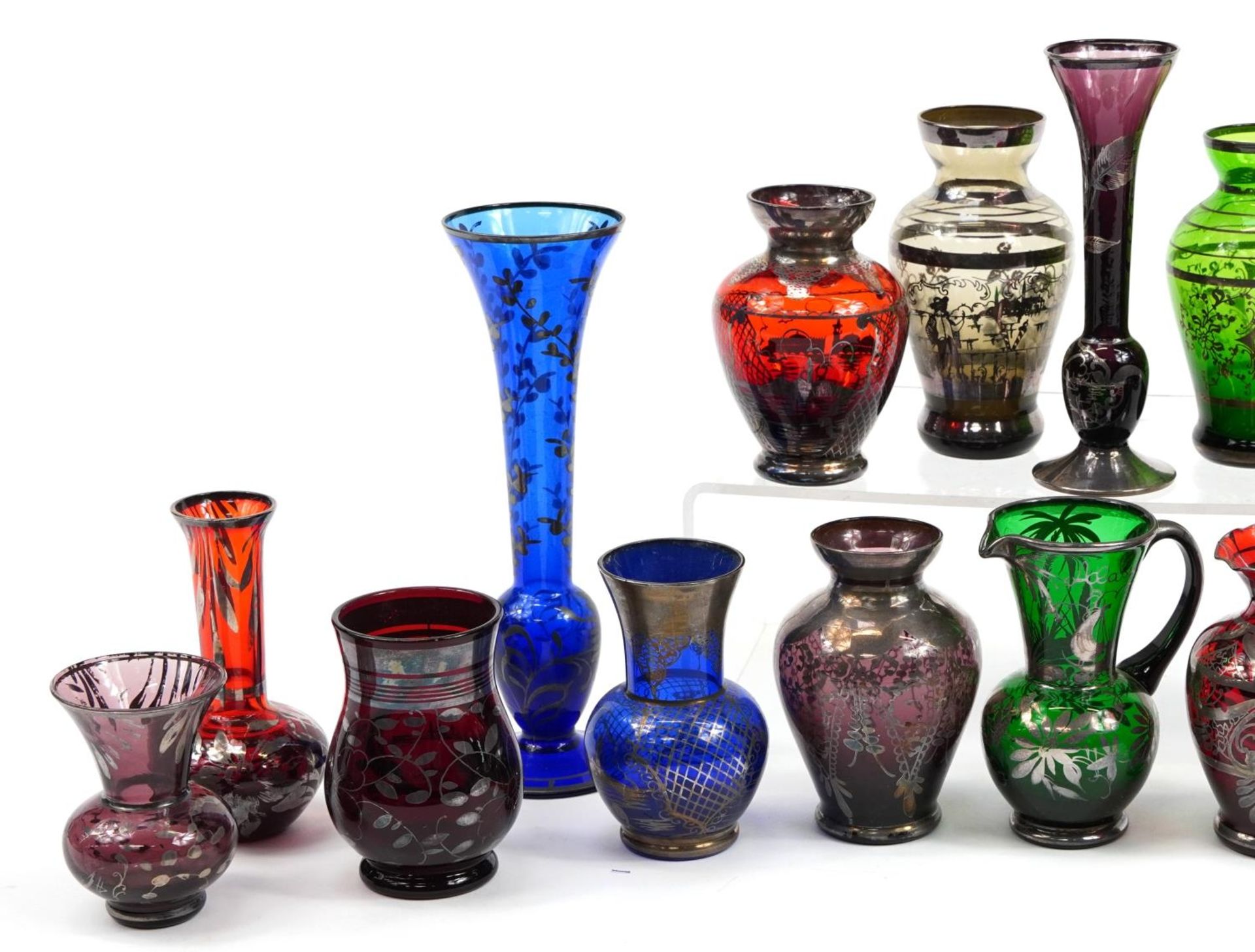 Collection of silver overlaid colourful glass vases and jugs, the largest 20cm high - Image 2 of 3