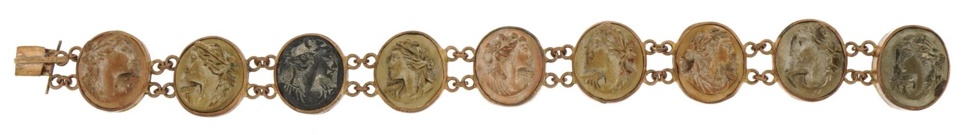 Antique gilt metal lava cameo maiden head bracelet, 18cm in length, 16.8g - Image 2 of 3