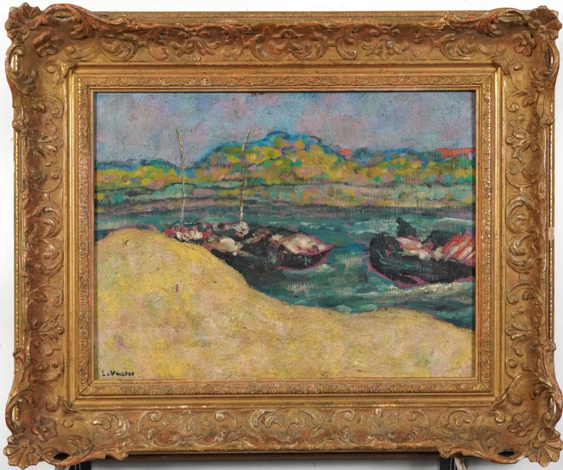 River landscape with fishing boats, continental school oil on board, mounted and framed, 36cm x 27cm - Image 2 of 4