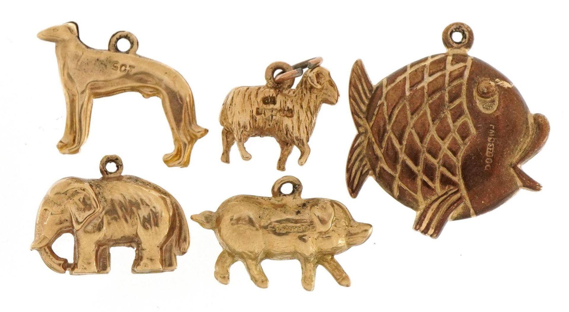 Five 9ct gold animal charms including Greyhound, pig and elephant, the largest 2.0cm wide, total 5. - Image 2 of 3