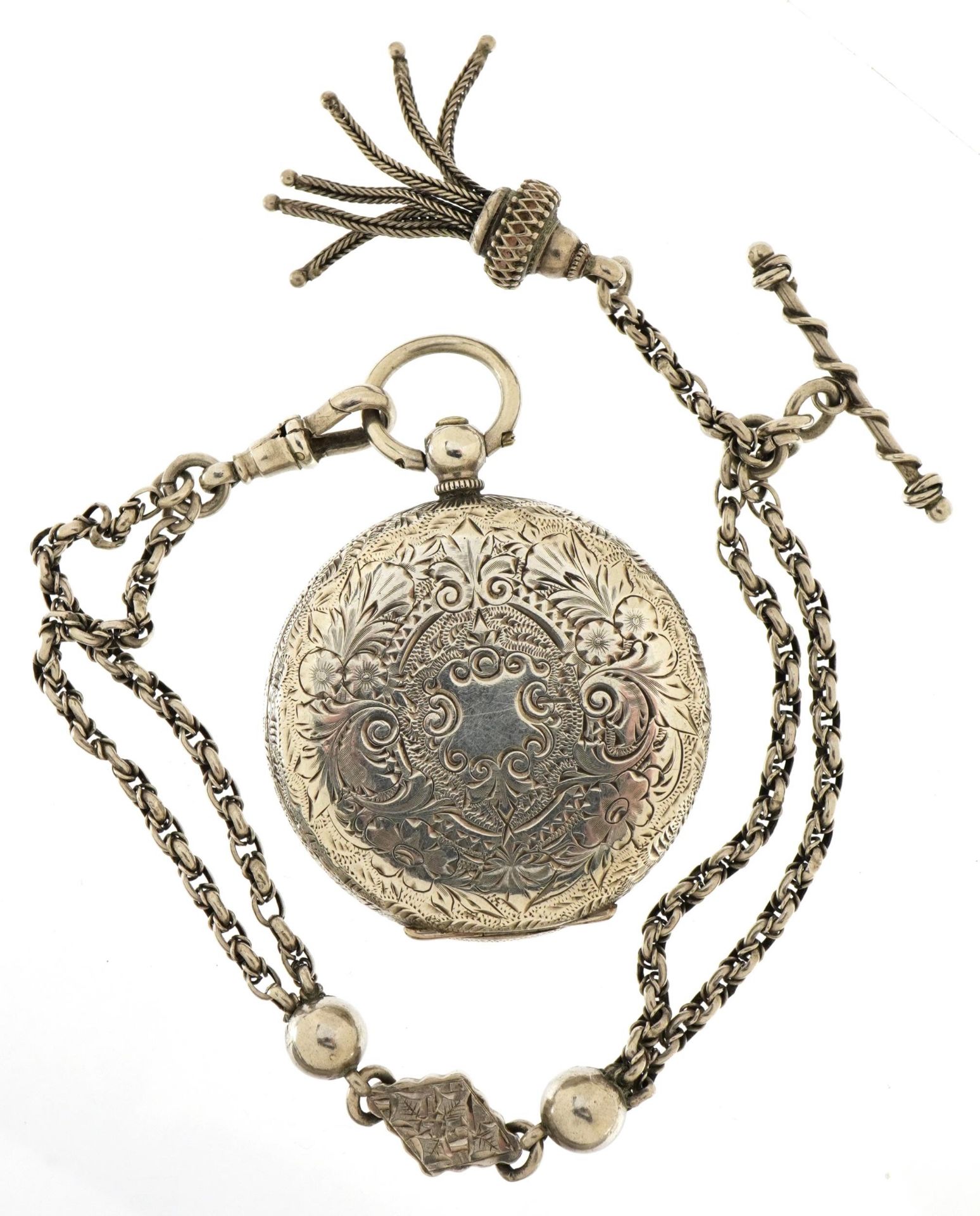 Silver ladies open face pocket watch with enamelled dial on aesthetic watch chain with tassel, the - Image 3 of 5