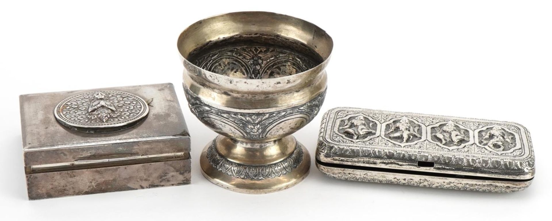 Indian silver and white metal objects comprising a 925 sterling cigarette box, pedestal bowl and