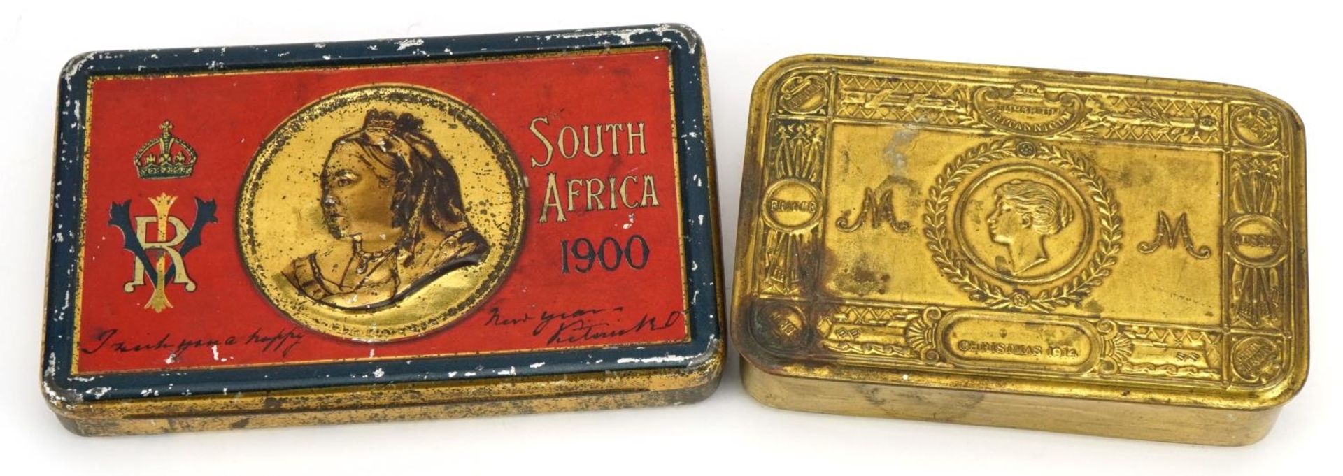 Two military interest tins comprising World War I brass Mary and Boer War, the largest 15.5cm wide - Image 2 of 4