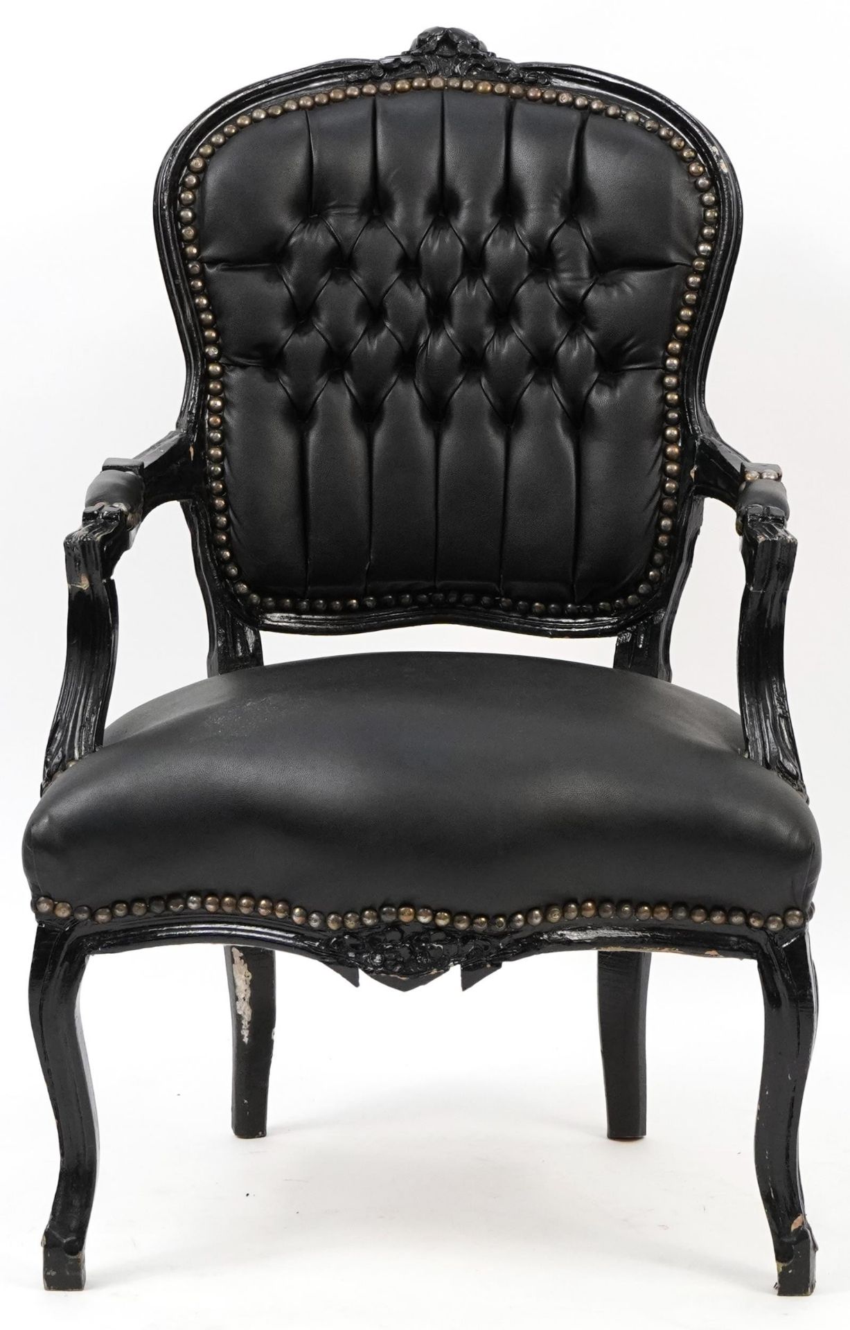 French style black painted elbow chair with black faux leather button back upholstery, 92cm high - Bild 2 aus 3