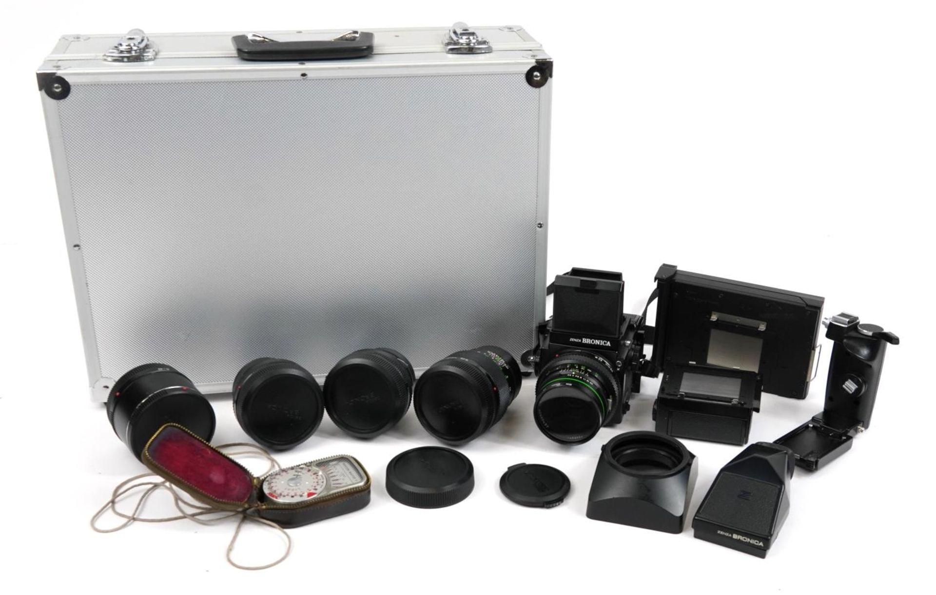 Zenza Bronica Etrs film camera with lenses and accessories housed in a fitted protective case, the