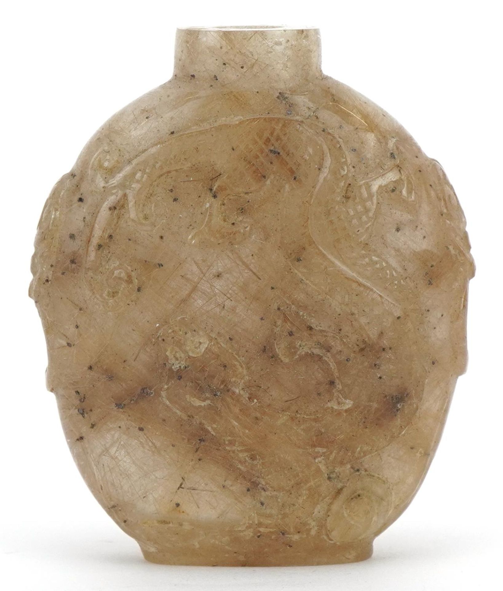 Chinese rock crystal snuff bottle carved with a water dragon, 5cm high