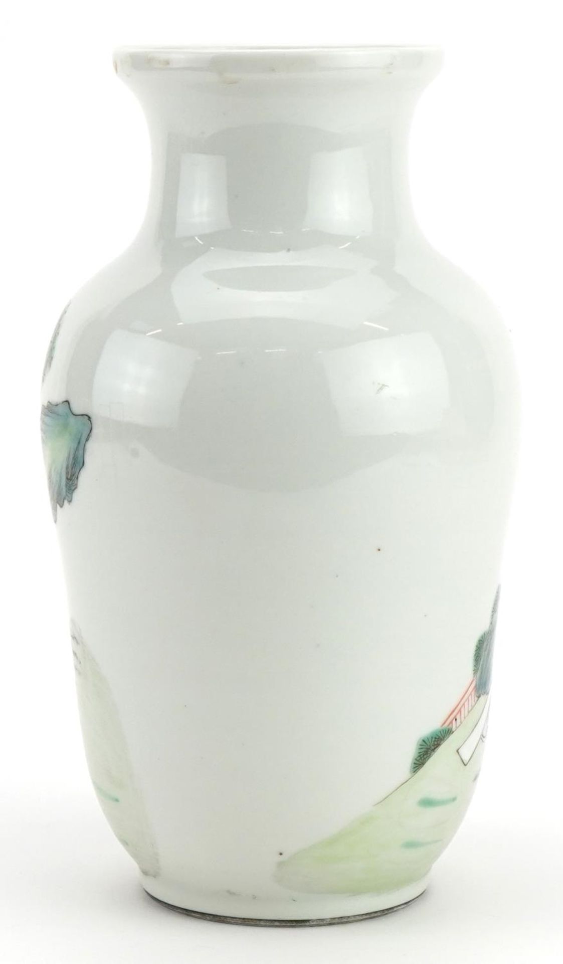 Chinese porcelain vase hand painted in the famille rose palette with figures before a landscape, - Image 2 of 3