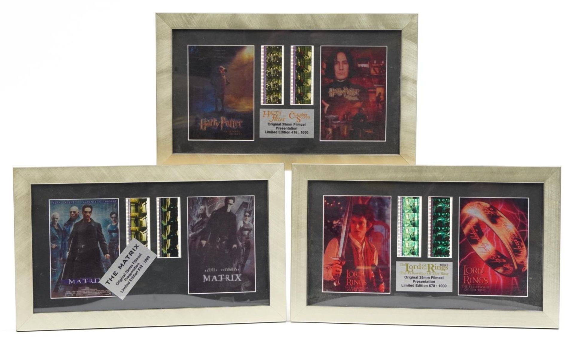 Three limited edition film cell displays comprising The Matrix, Harry Potter and the Chamber of