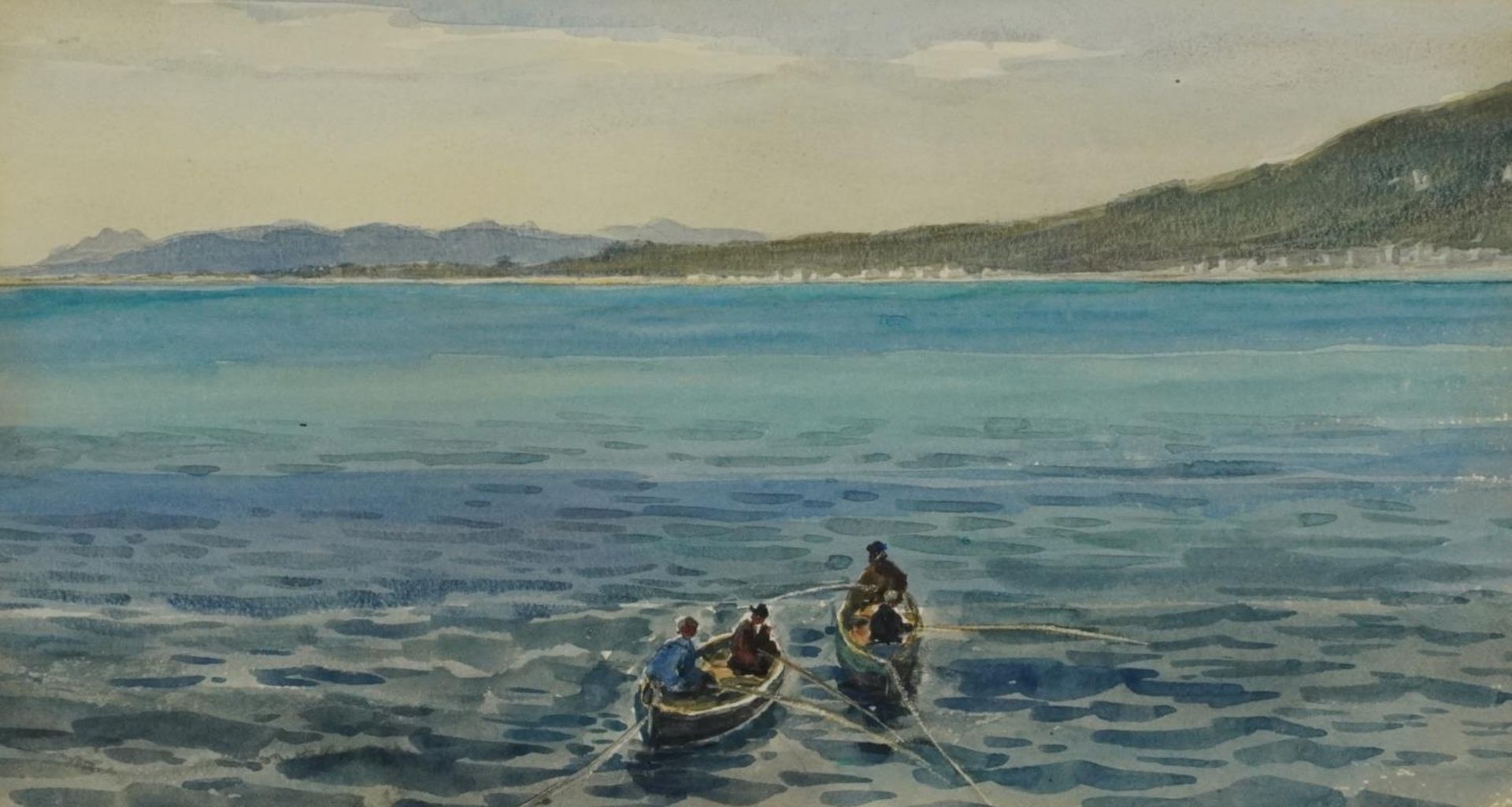 Fishermen in rowing boats, late 19th/early 20th century watercolour, mounted, framed and glazed,