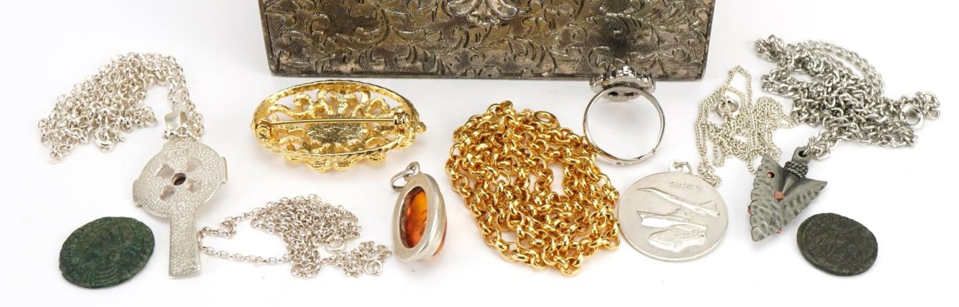 Costume jewellery, some silver and two antique coins housed in a white metal jewel box, 10.5cm wide - Image 4 of 4