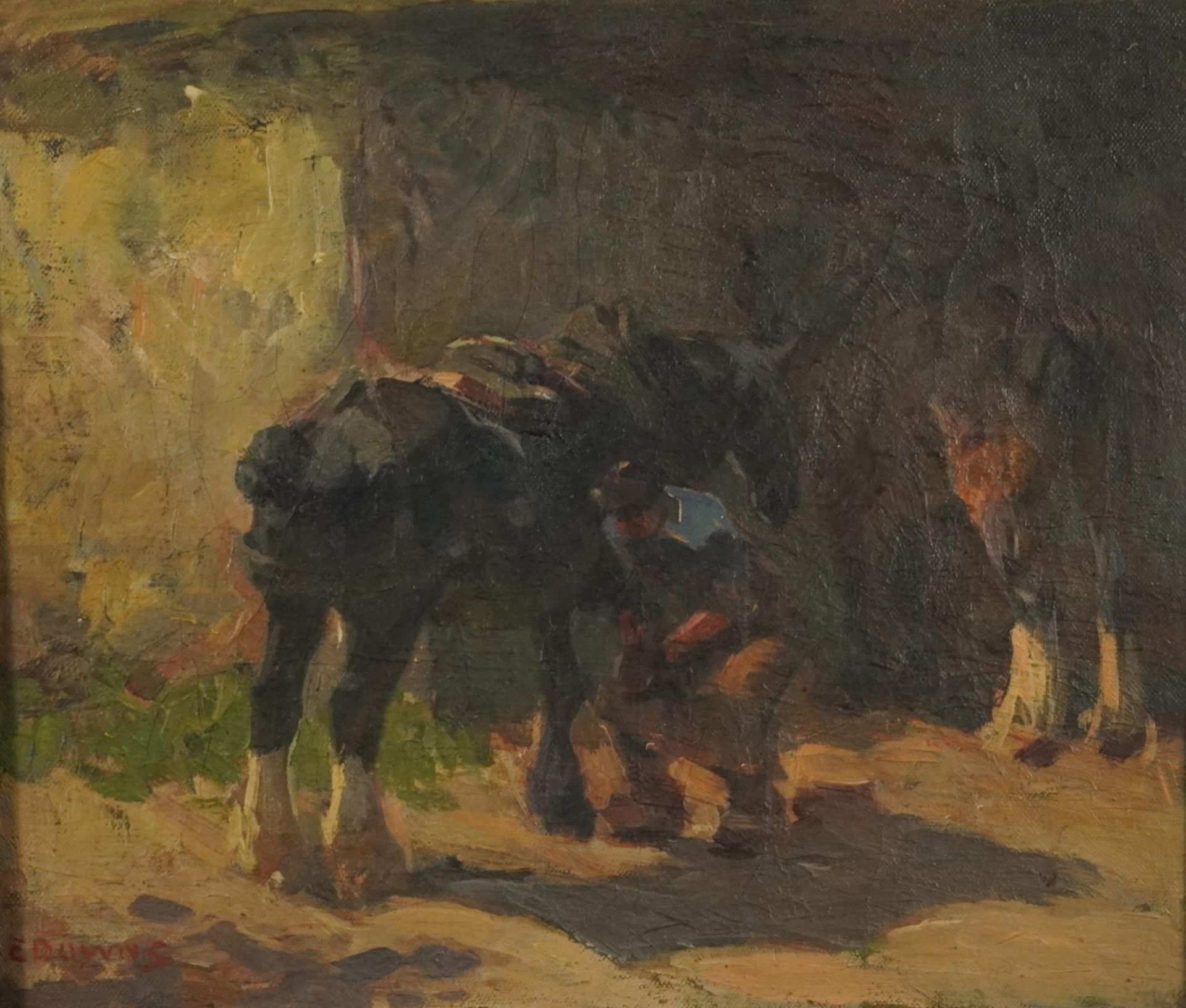 Edgar Downs - Farrier and workhorses, 20th century British oil on canvas, framed, 34cm x 29.5cm