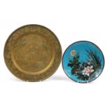 Japanese cloisonne dish enamelled with flowers and a Chinese bronzed tray engraved with dragons, the