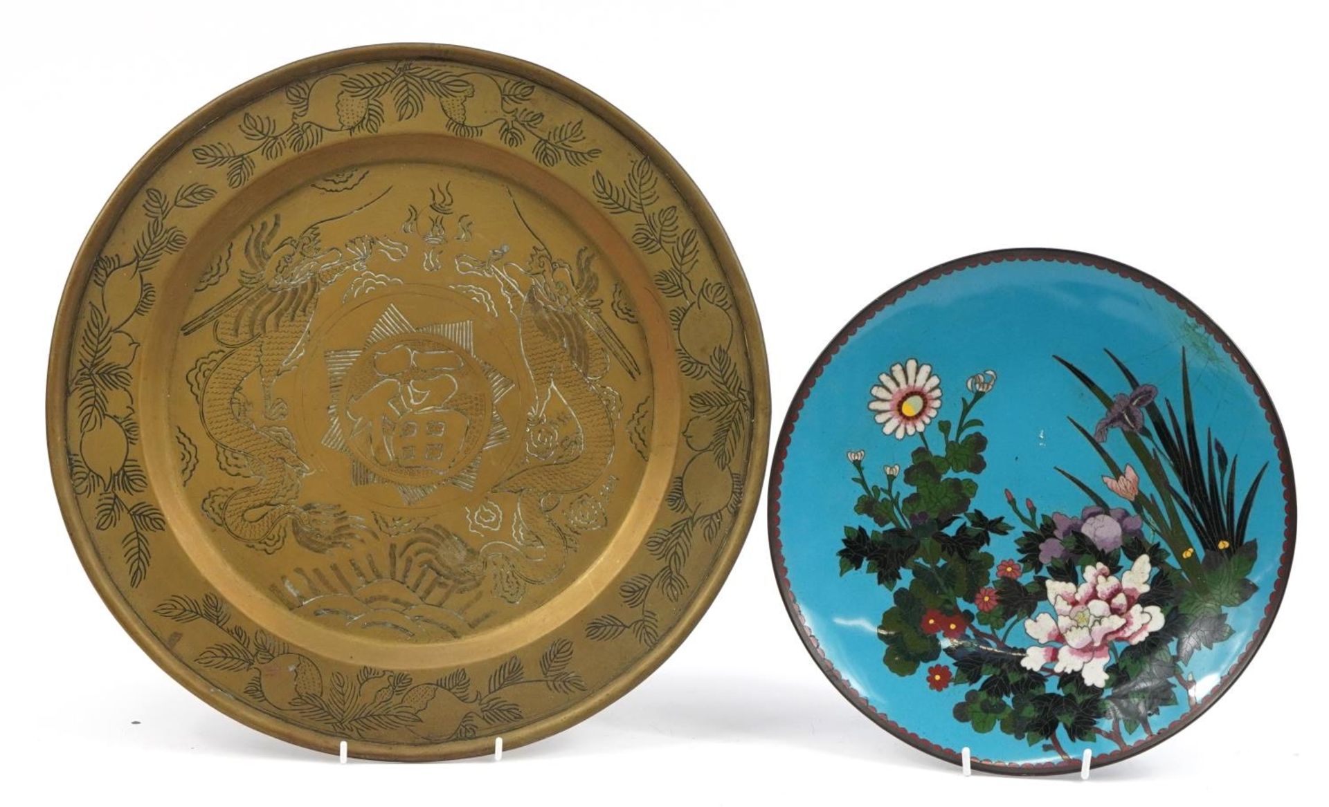 Japanese cloisonne dish enamelled with flowers and a Chinese bronzed tray engraved with dragons, the