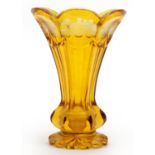 Bohemian amber coloured glass vase etched with towns including Kurnal and Sonnenberg, 18cm high