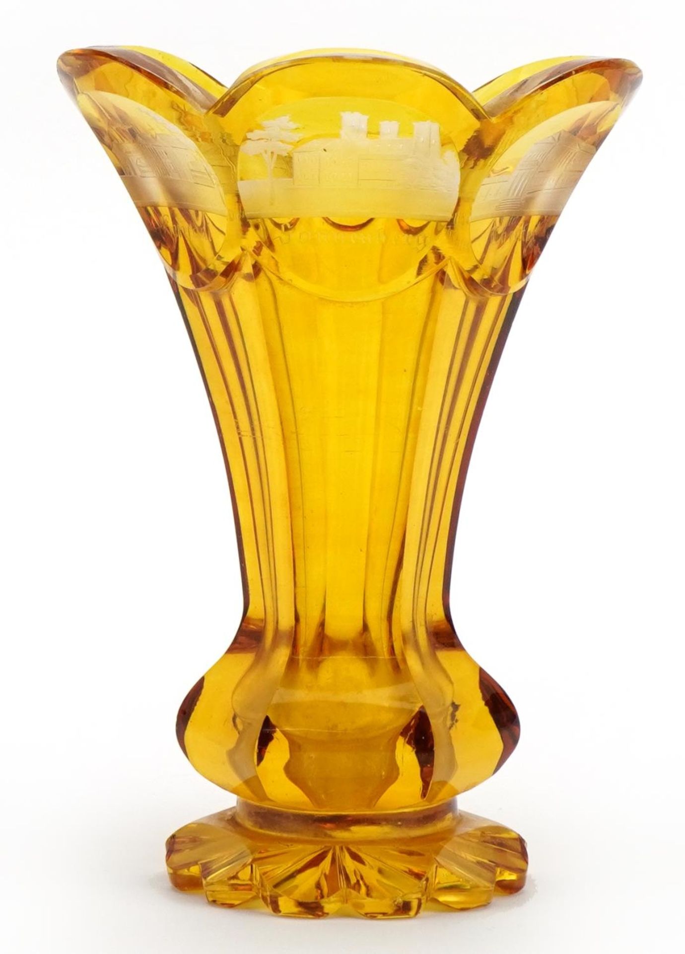 Bohemian amber coloured glass vase etched with towns including Kurnal and Sonnenberg, 18cm high