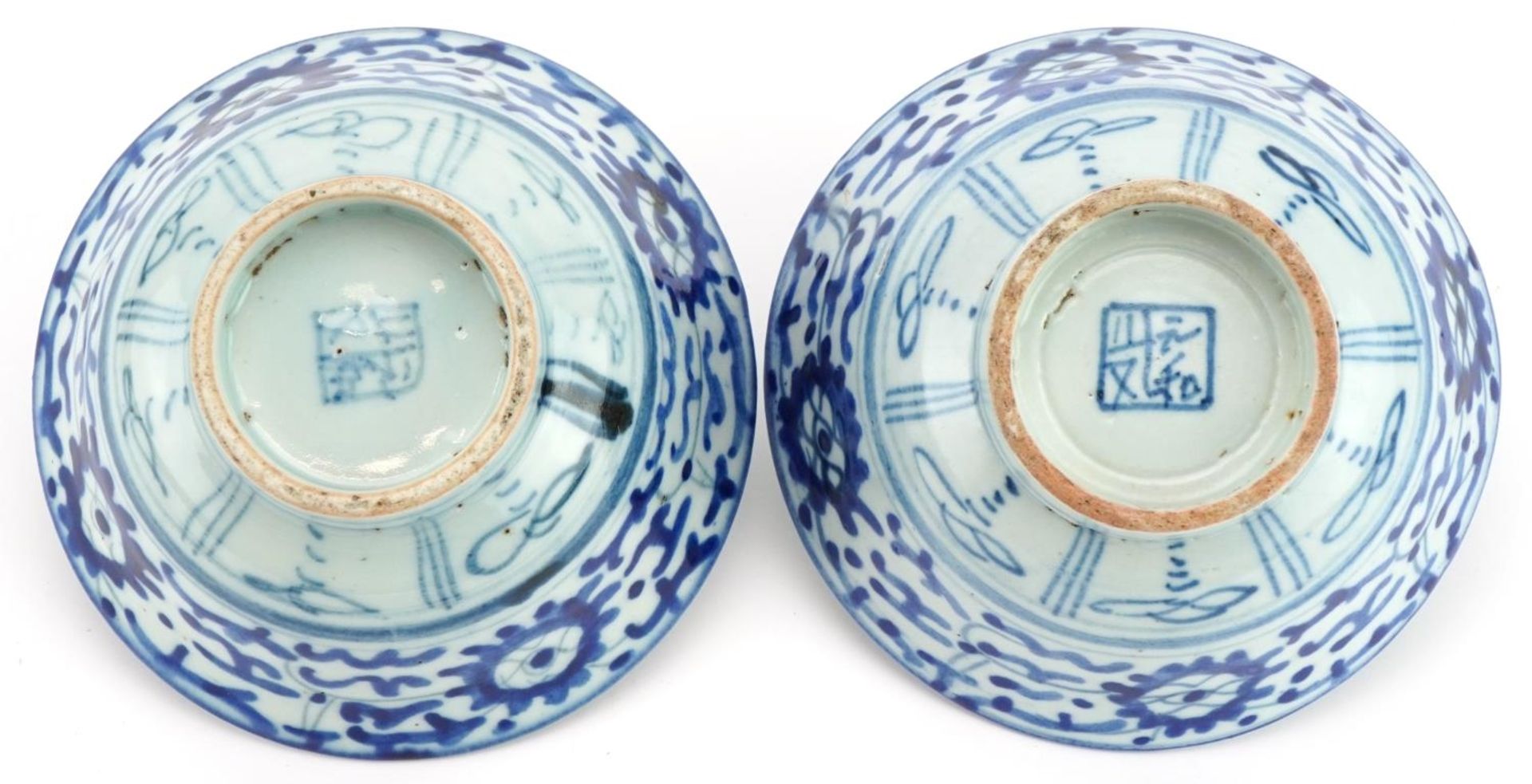 Pair of Chinese blue and white porcelain bowls hand painted with flowers, character marks to the - Image 3 of 3