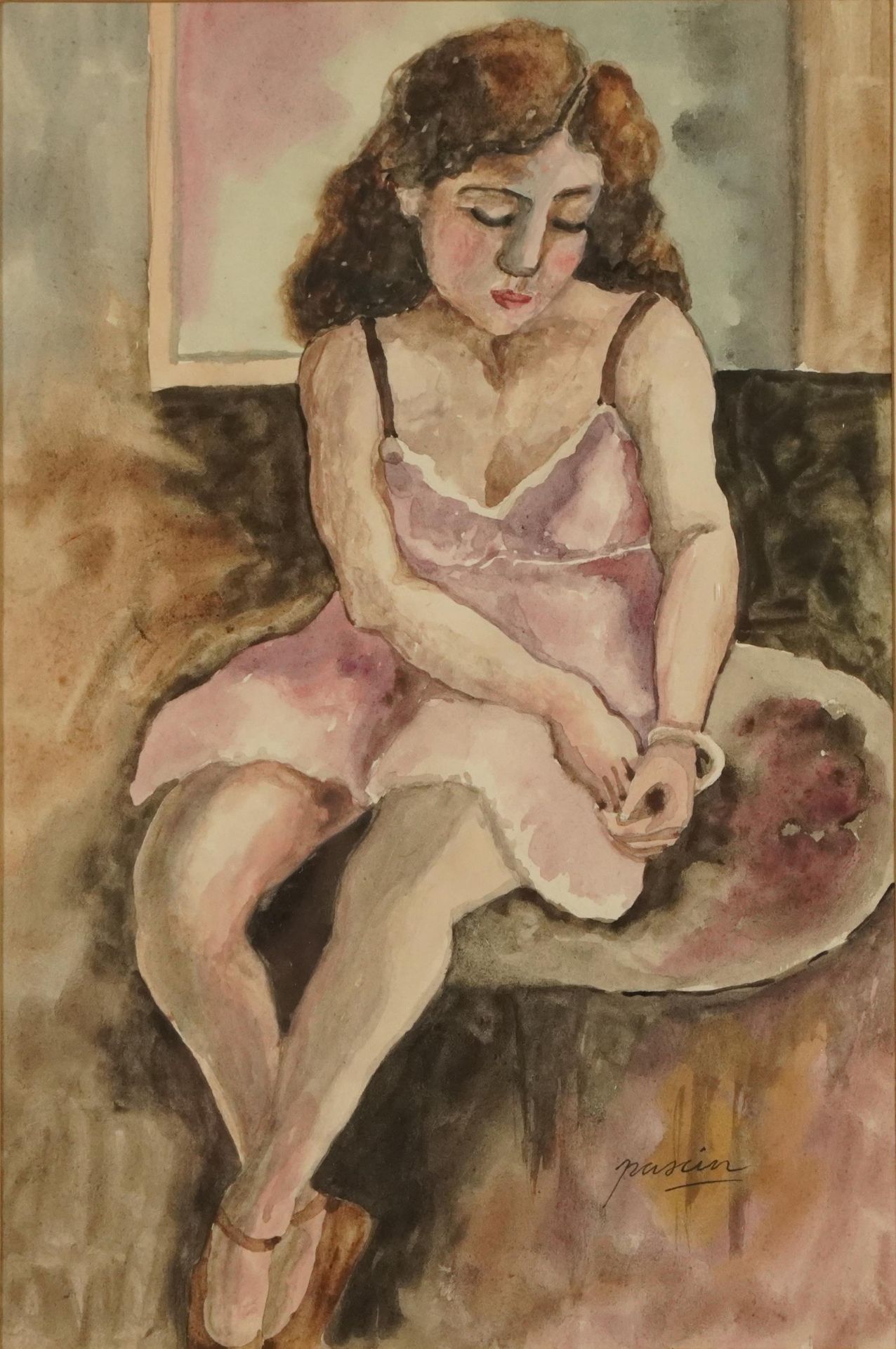 Full length portrait of a seated female wearing a bracelet, French school watercolour on paper,