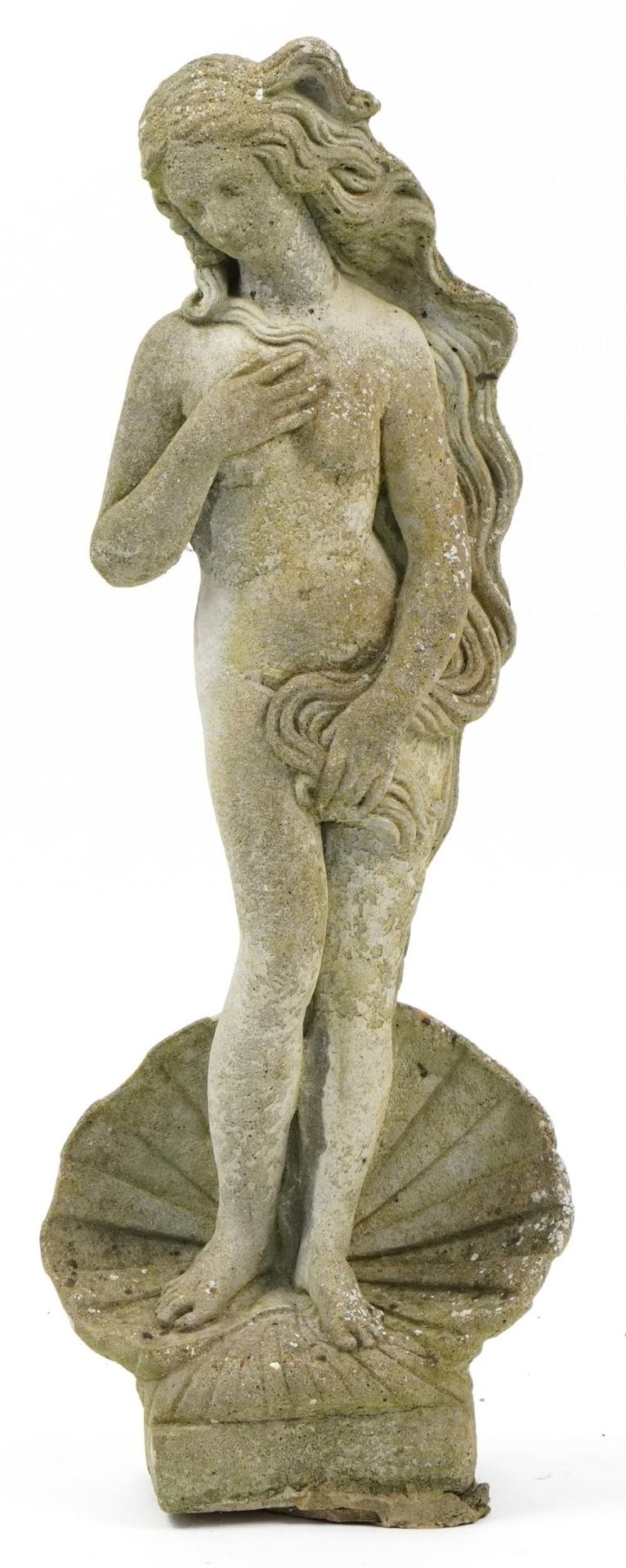 Garden stoneware figurine of a semi nude female standing on a shell, 85cm high