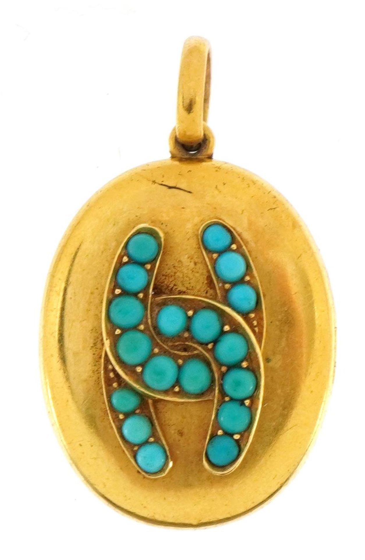 Victorian royal interest unmarked gold, enamel and turquoise set locket with entwined M M monogram - Image 3 of 4