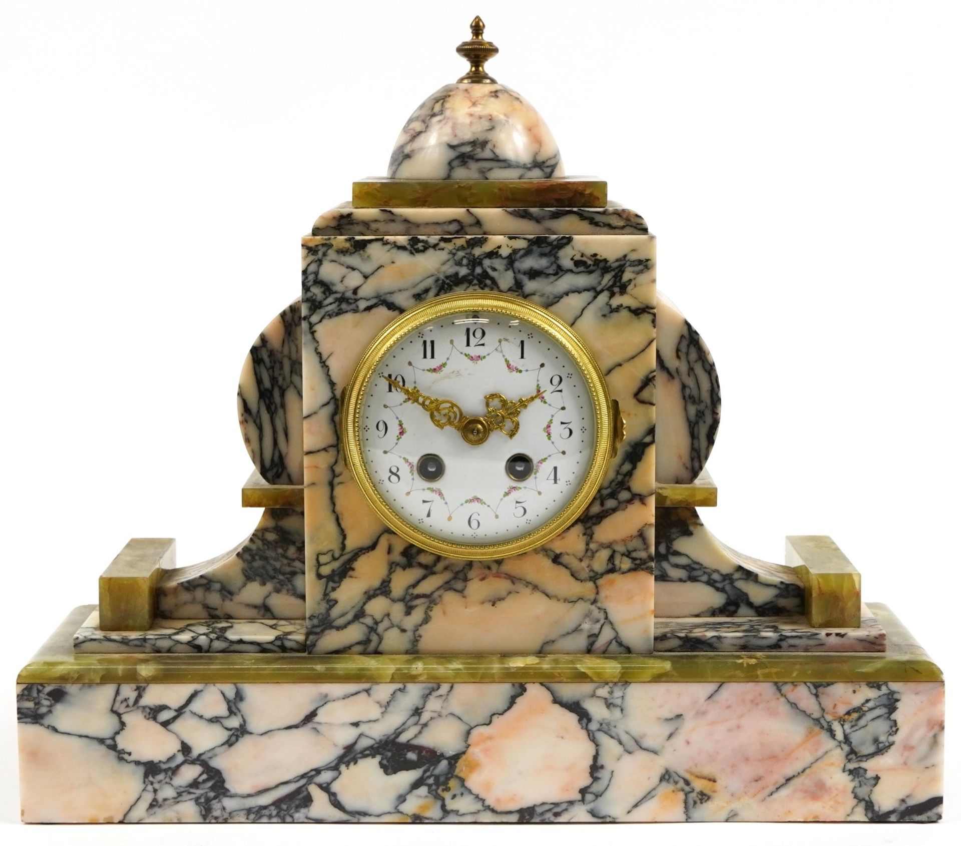 Art Deco marble and green onyx striking mantle clock, the enamelled dial having Arabic numerals,