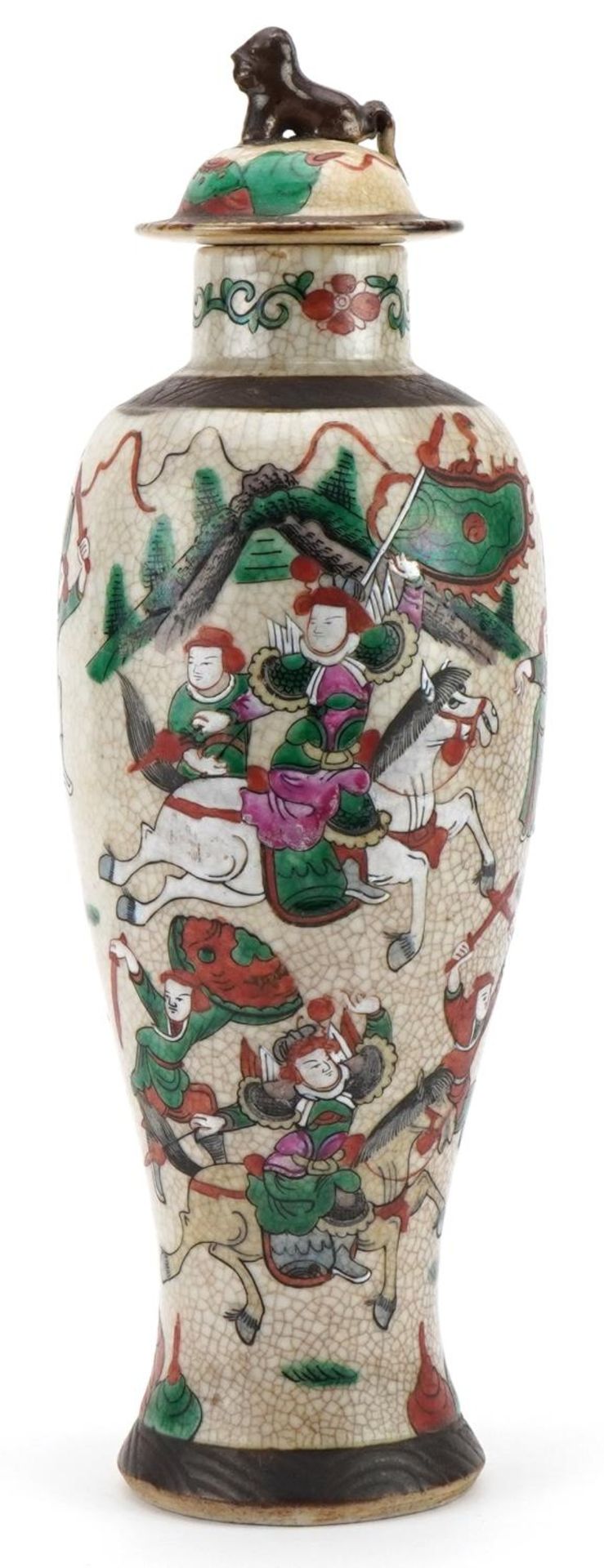 Chinese crackle glaze baluster shaped vase and cover hand painted in the famille verte palette