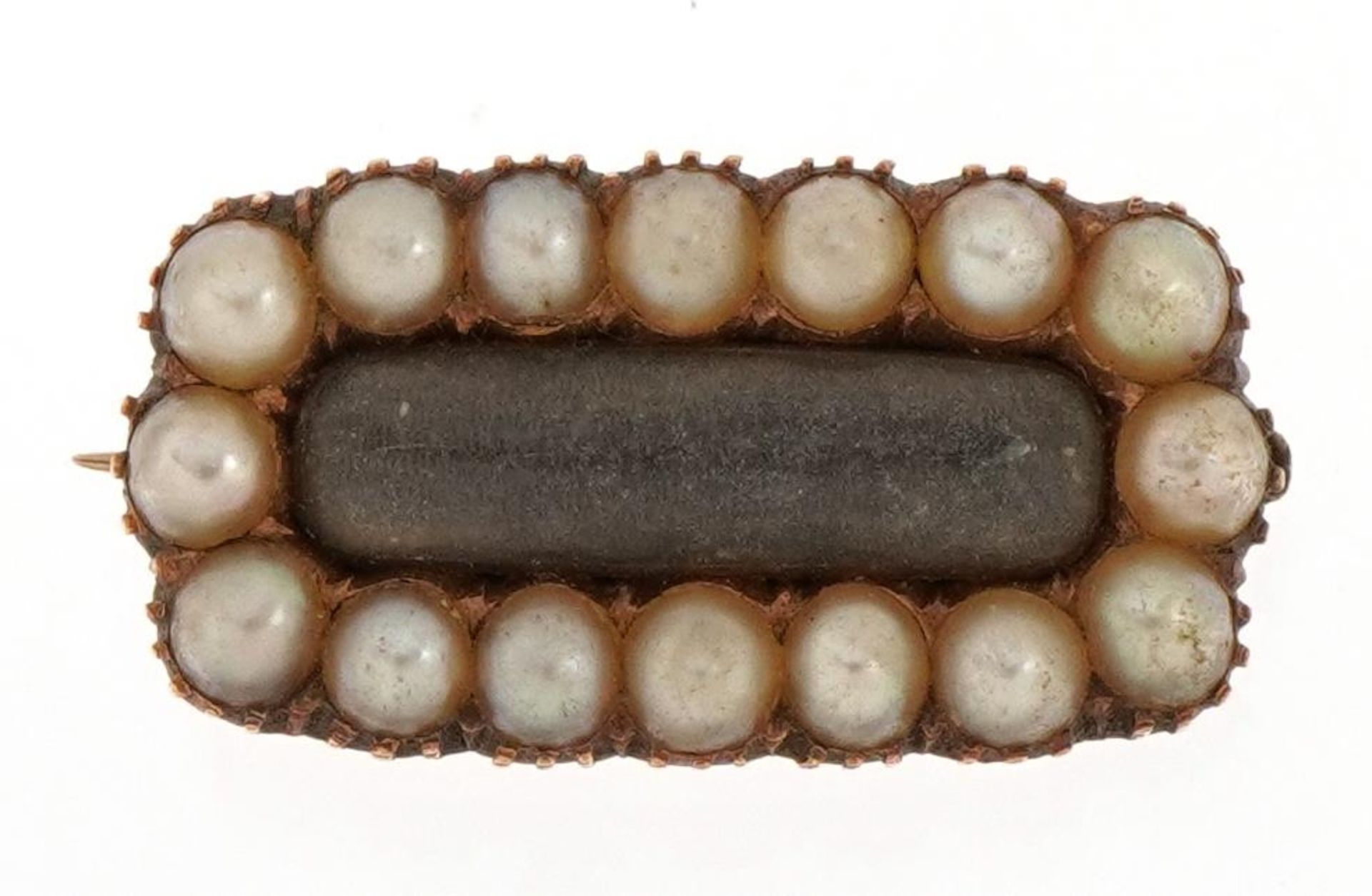 Antique yellow metal seed pearl and hairwork mourning brooch with safety chain, 2.4cm wide, 4.1g