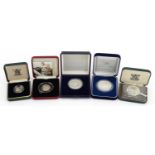 Five silver proof coins including Royal Australian Mint 1999 one dollar and Four Minute Mile fifty