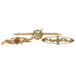 Three antique and later 9ct gold bar brooches with safety chains set with seed pearls, peridots