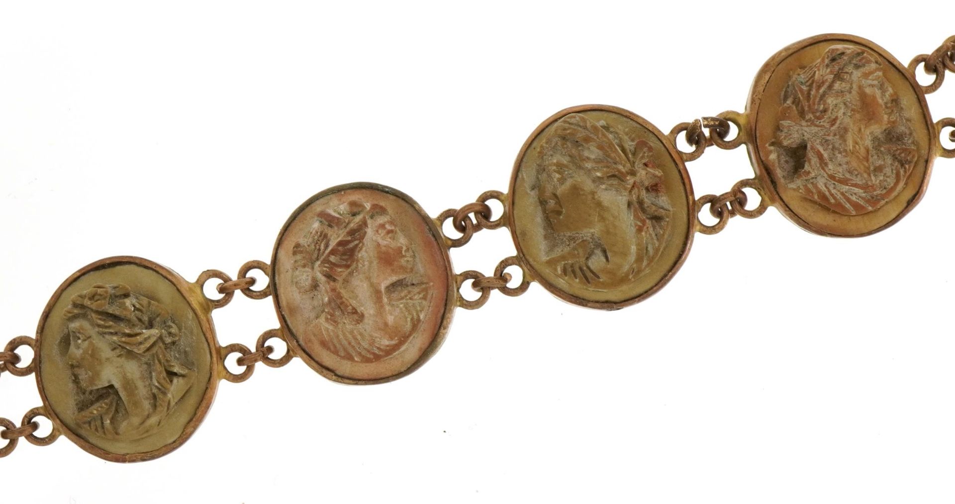 Antique gilt metal lava cameo maiden head bracelet, 18cm in length, 16.8g