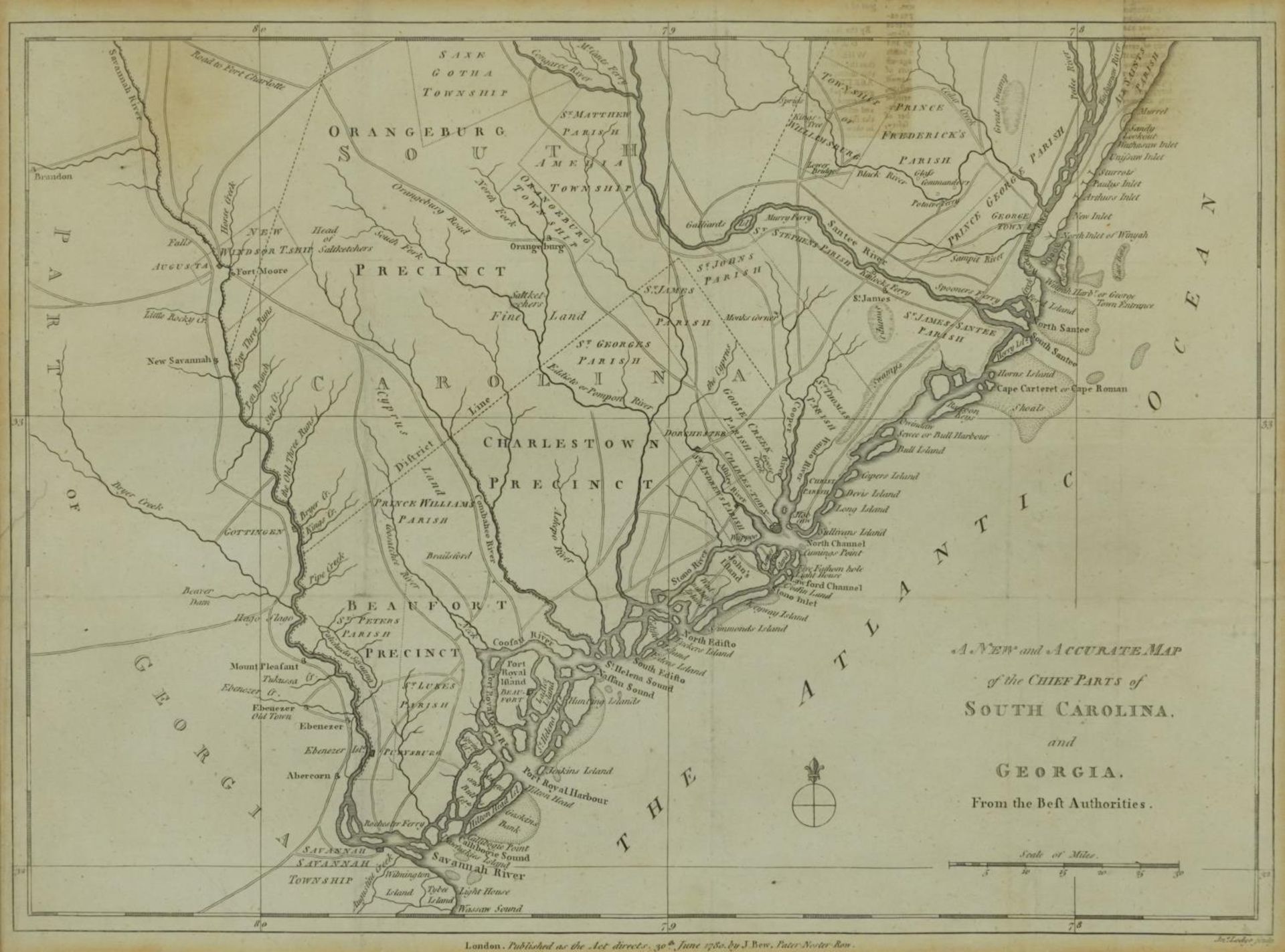 New and Accurate Map of The Chief Parts of South Caroline and Georgia, 18th century map published