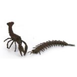Two Japanese patinated bronze animals comprising lobster and centipede, each with impressed marks