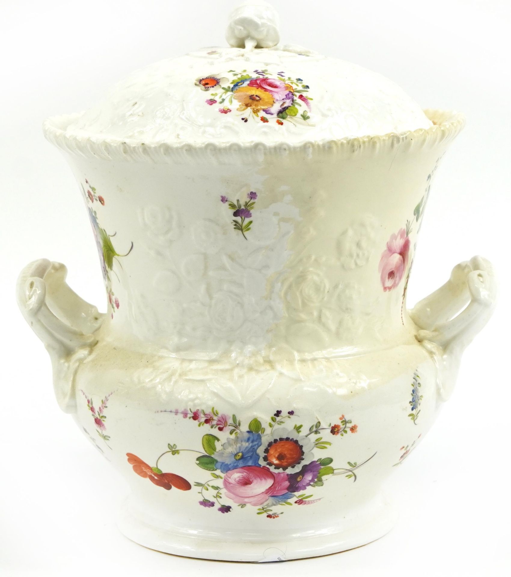 Large 19th century Staffordshire pottery vase and cover with twin handles hand painted with flowers,