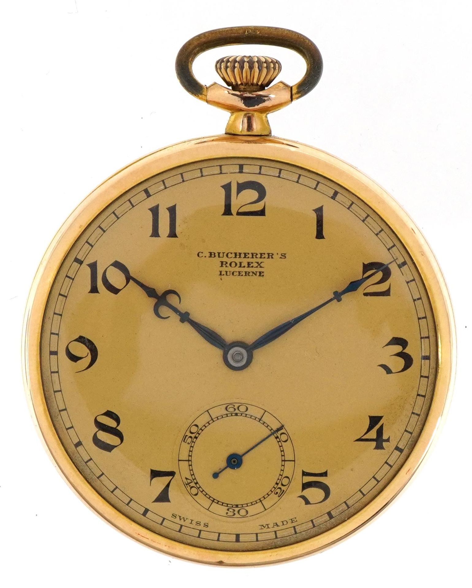 Rolex for C Bucherer, Lucerne, 14ct gold plated open face pocket watch with subsidiary dial, the