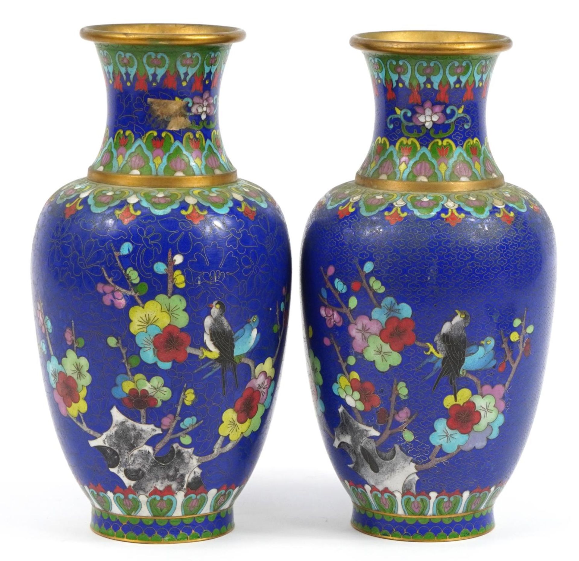 Pair of Chinese cloisonne vases enamelled with birds amongst flowers, each 31cm high