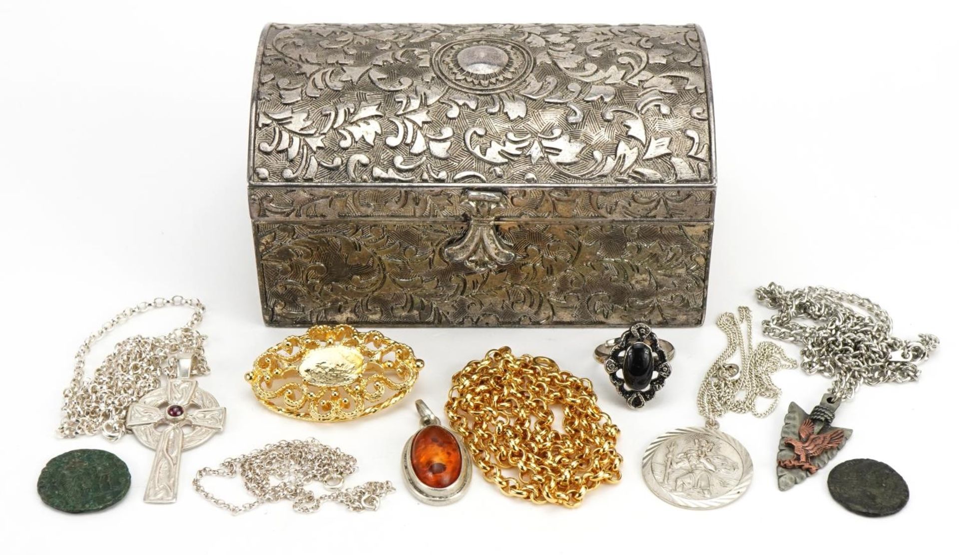 Costume jewellery, some silver and two antique coins housed in a white metal jewel box, 10.5cm wide