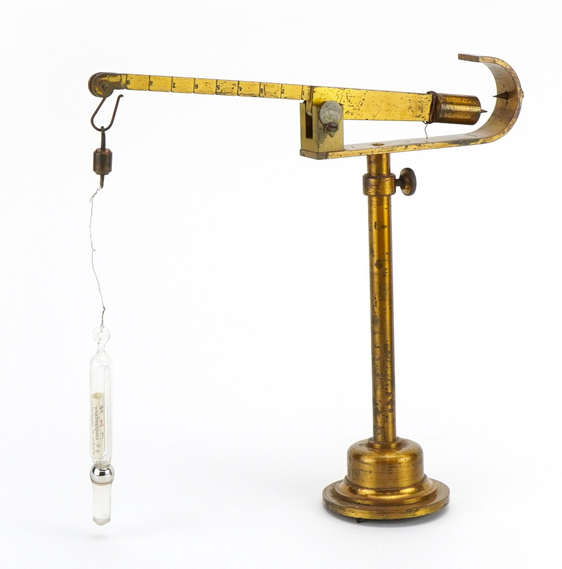 Set of antique brass specific gravity balances with Reimann's thermometer housed in a fitted - Image 2 of 4