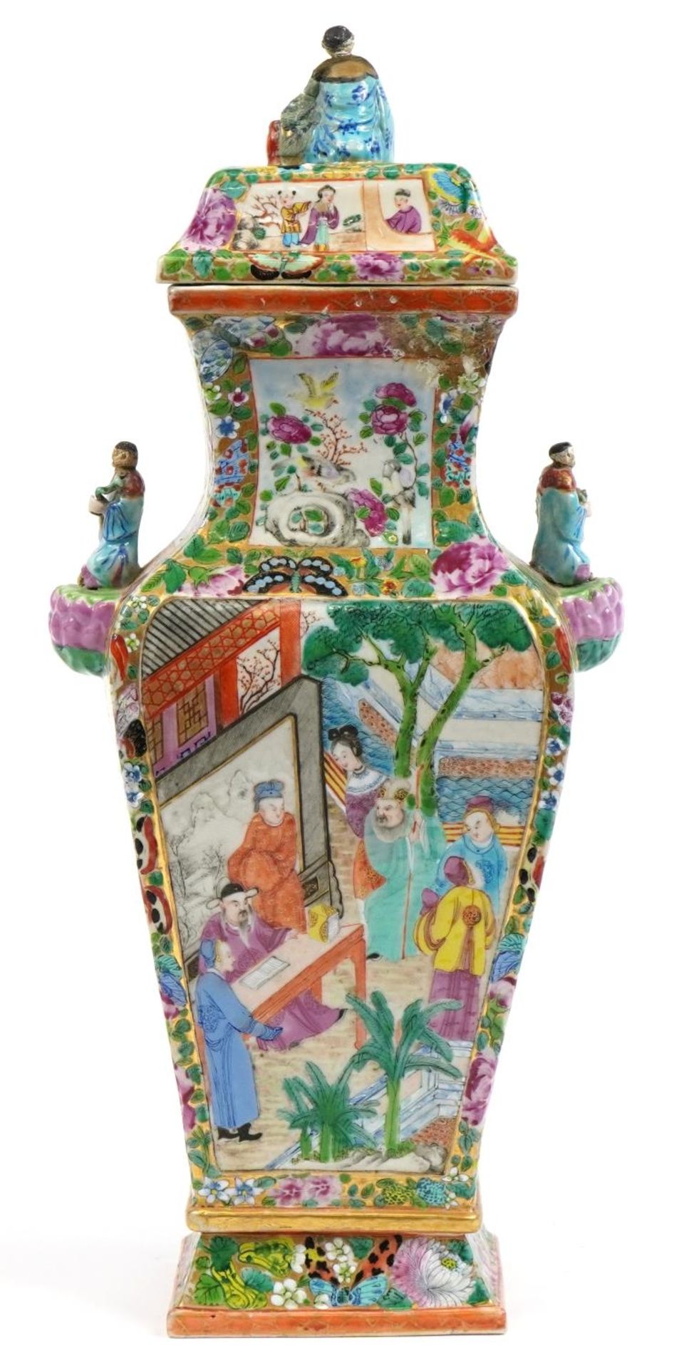 Chinese Canton porcelain vase and cover with twin handles, finely hand painted in the famille rose - Image 3 of 5