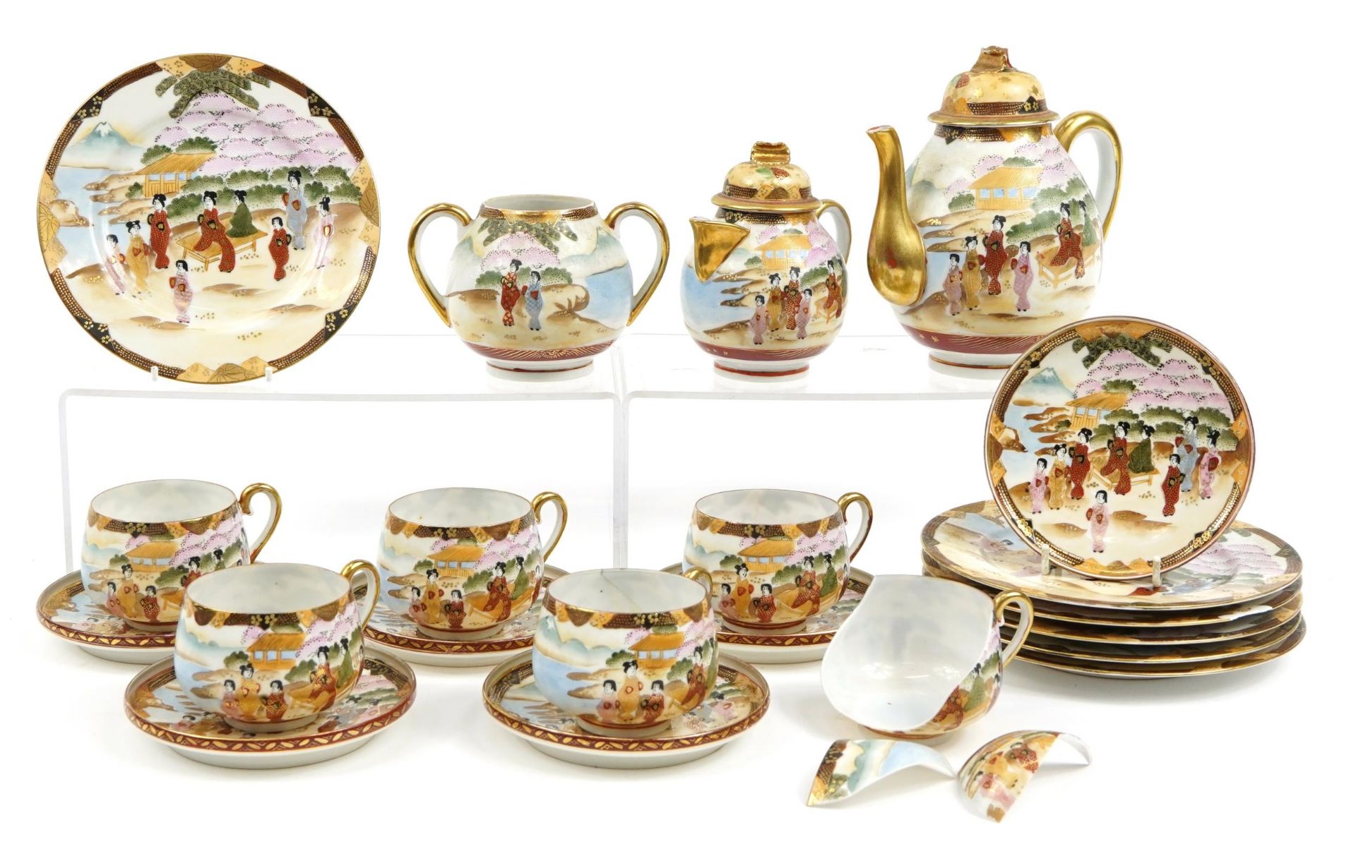 Japanese porcelain tea service hand painted with figures including a teapot and trios, the largest - Image 2 of 5