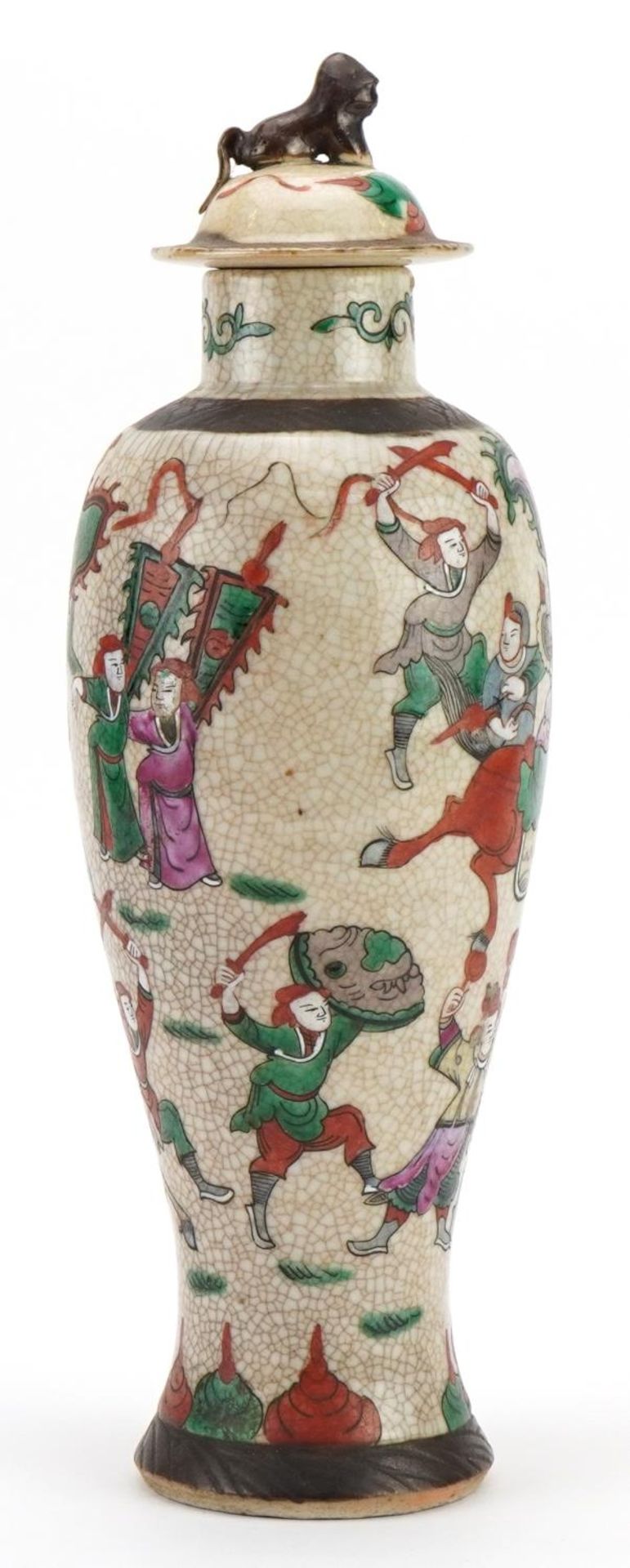 Chinese crackle glaze baluster shaped vase and cover hand painted in the famille verte palette - Bild 2 aus 4