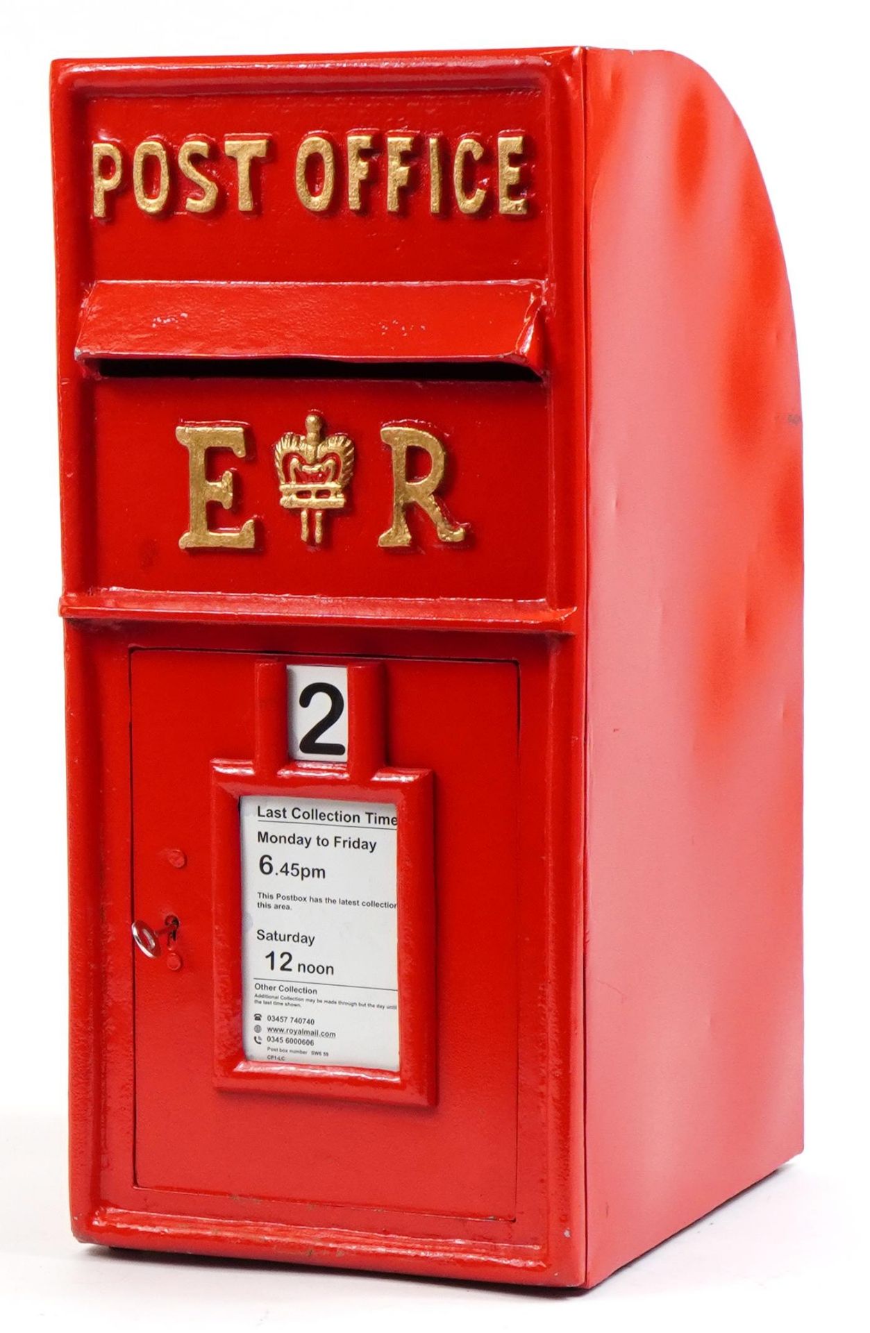 Elizabeth II style red painted metal postbox, 64cm high