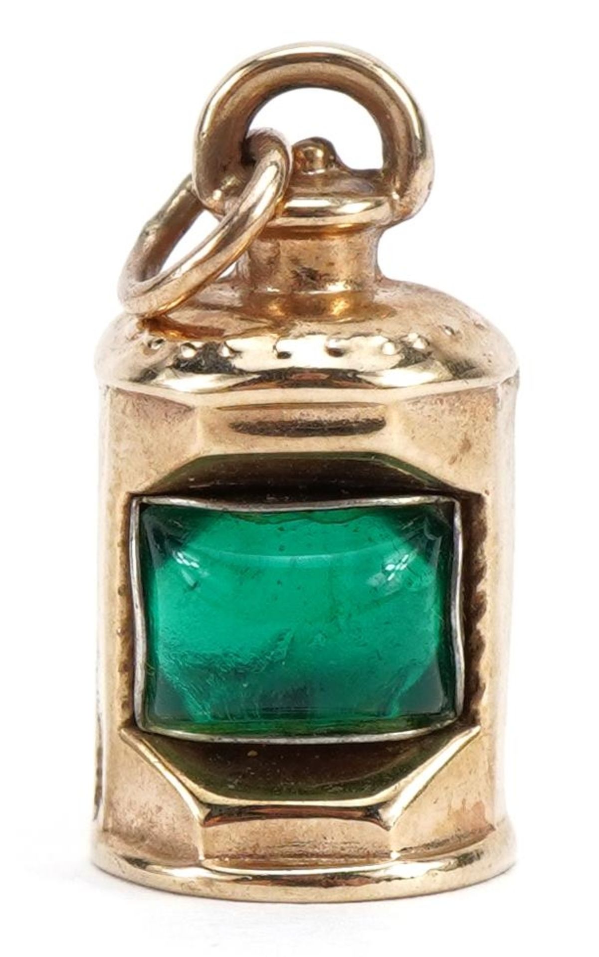 9ct gold lantern charm set with a green stone, 1.9cm high, 1.6g